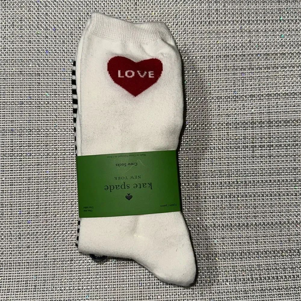 kate spade 3pk White Black Stripes Red Hearts True Love Crew Dress Socks